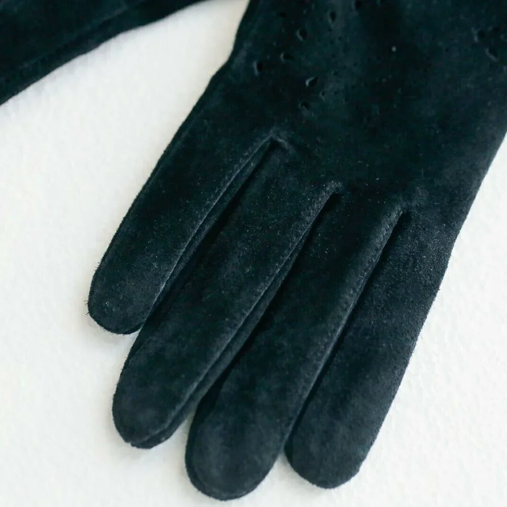 Di Firenze Black Suede Gloves with Laser Cut Detail Scalloped Edge S